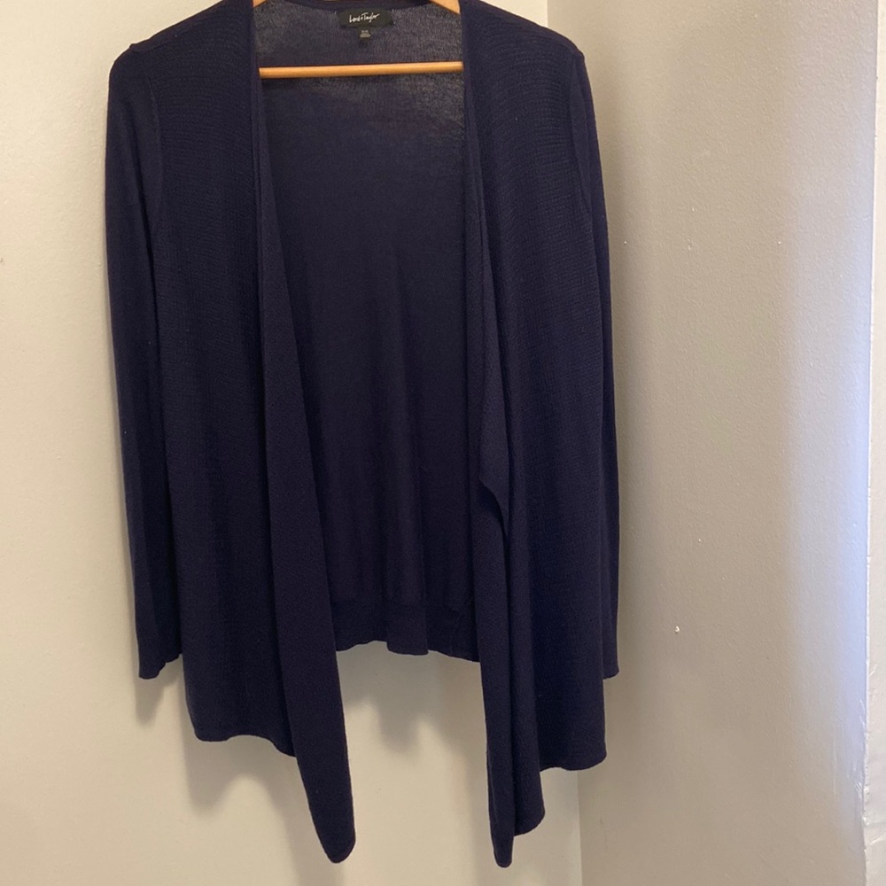 Navy open cardigan handkerchief hem